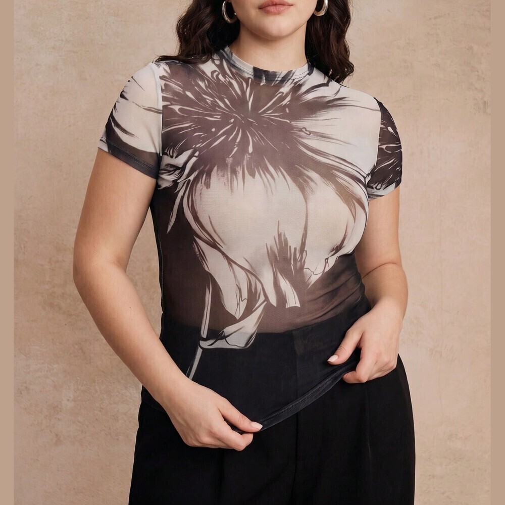 Black Cream Floral Print Sheer Mesh Short Sleeve Slim Fit Tee Top